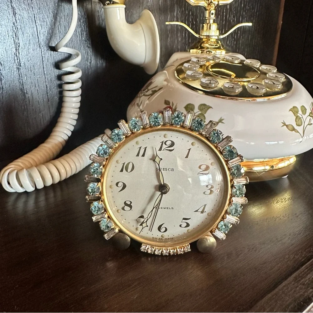 1900's Vintage Semca 7 Jewels Alarm Clock Swiss Aqua Blue & Diamond Rhinestones